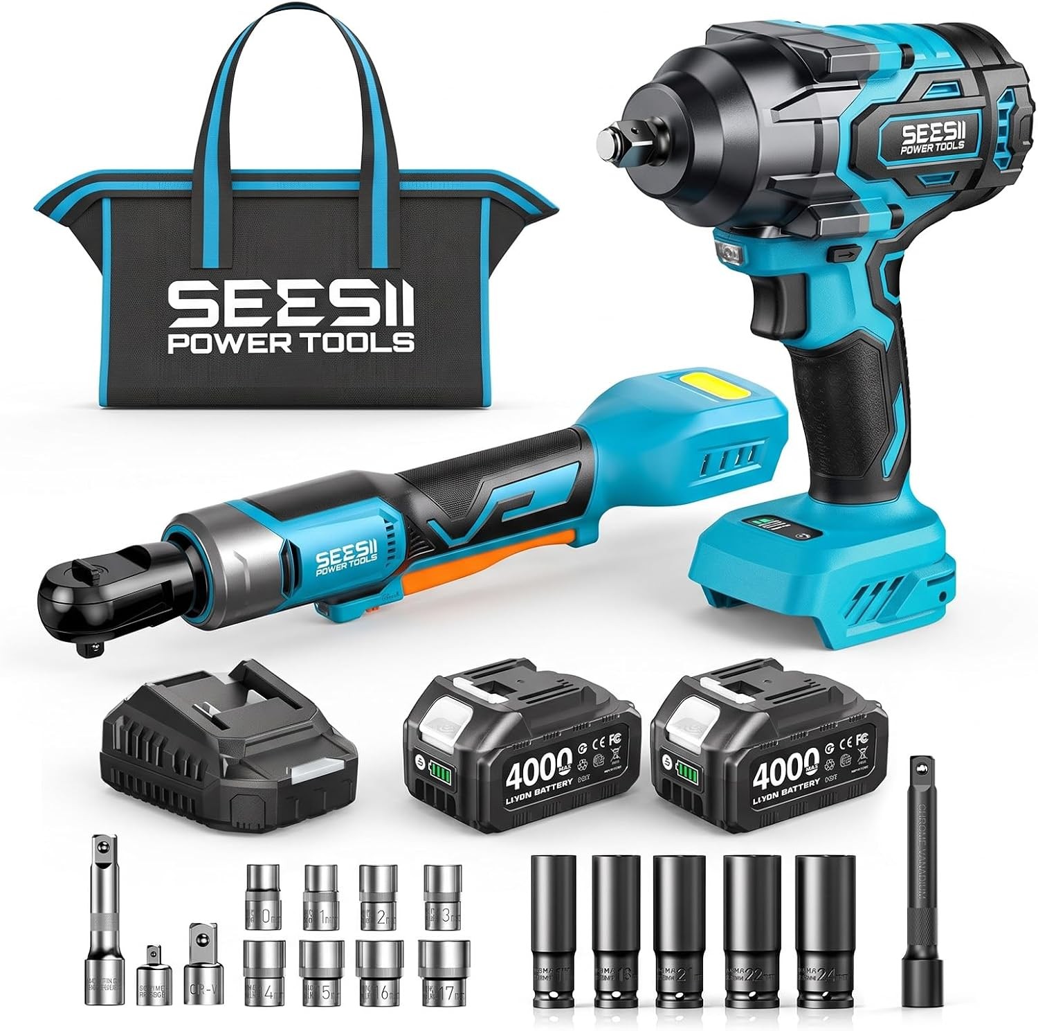 SEESII 1/2&Prime; Impact Wrench & 3/8&Prime; Ratchet Combo Kit fr Car Repair 2×4.0Ah battery