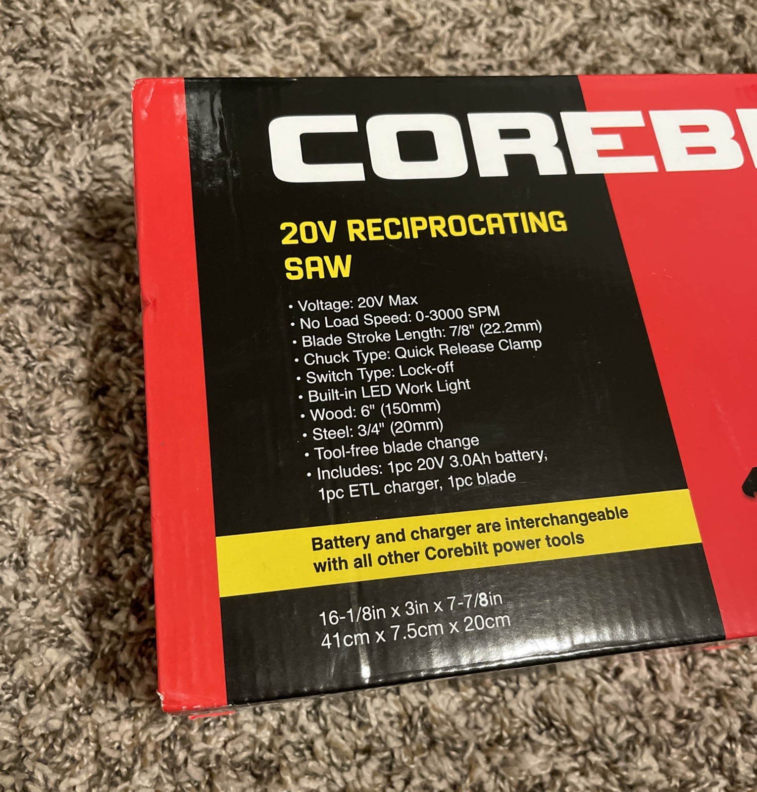 COREBILT 20V Cordless Reciprocating Saw Set Blade Battery Charger Red Black Wood
