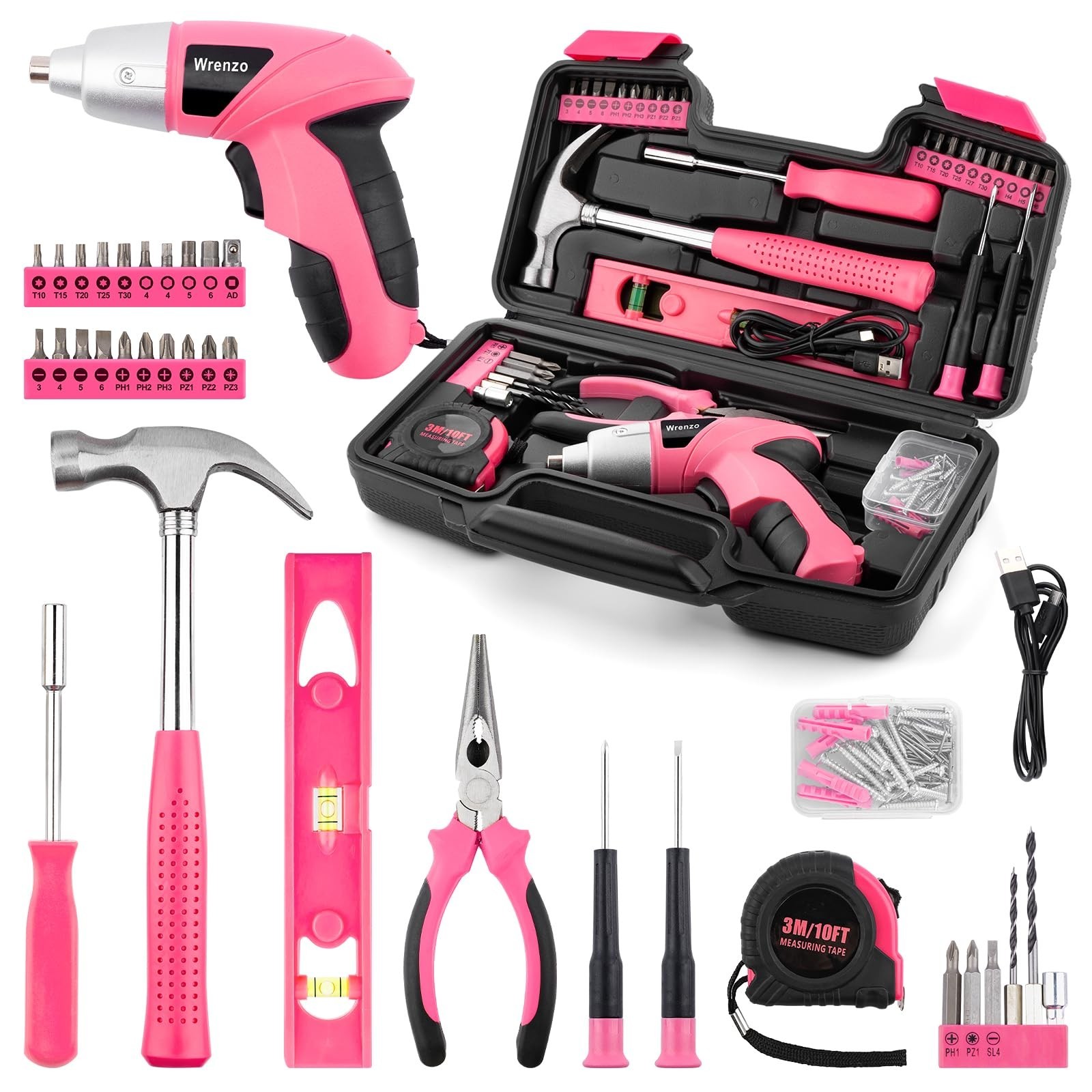 112PCS Pink Cordless Drill Set, 3.6V USB Rechargeable Tools, One-Hand Operation,