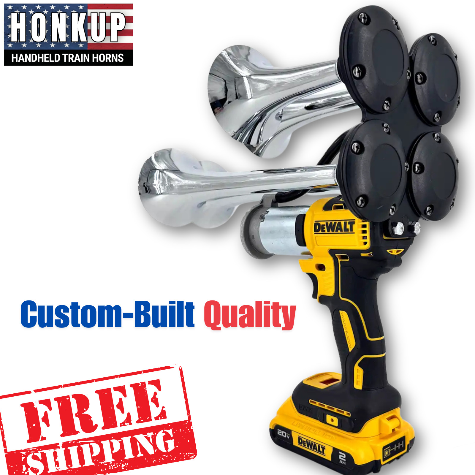 DeWalt 20V Quad Train Horn Kit | Chrome Metal Horns + 8Ah High-Output Battery