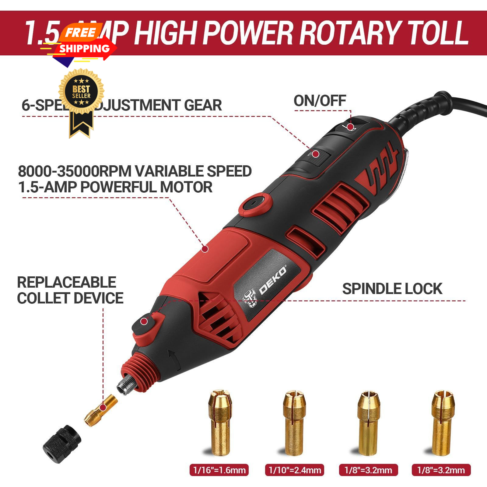 DEKOPRO Rotary Tool Kit, 1.5-Amp Corded Power Tools with 42&Prime; Flex Red