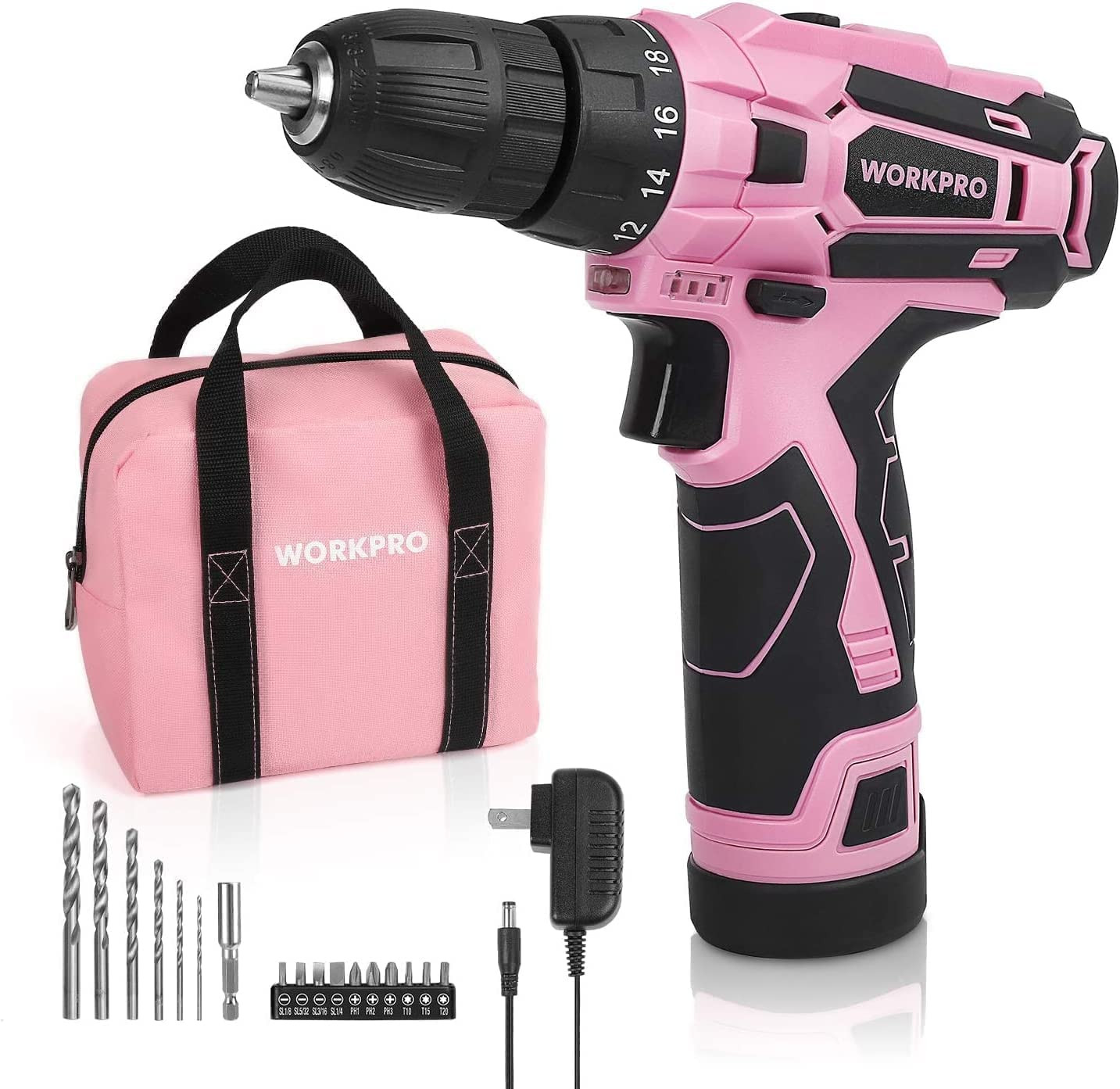 Pink Cordless Drill Driver Set, 12V Electric Screwdriver Driver Tool Kit, 3/8&Prime; K