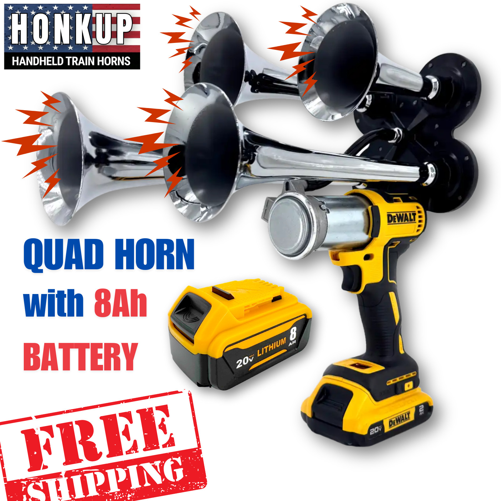 DeWalt 20V Quad Train Horn Kit | Chrome Metal Horns + 8Ah High-Output Battery