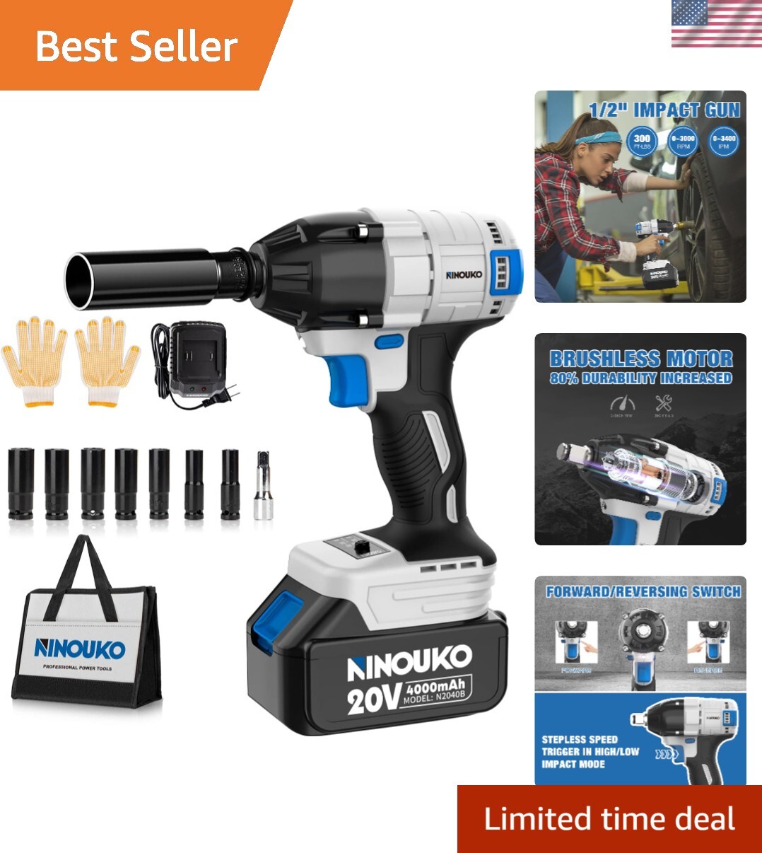 Extended Battery Life Cordless Impact Wrench – 2-Speed 3000 RPM Impact Gun Kit