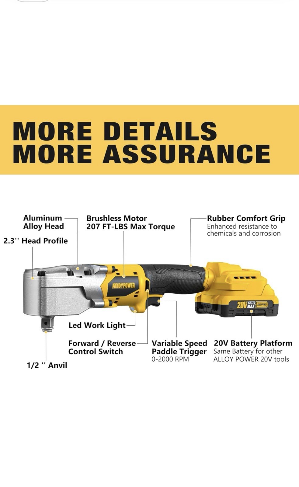 ALLOYPOWER 20V Brushless Right Angle Wrench, 207 Ft-Lbs（280N.M） High Torque Cord