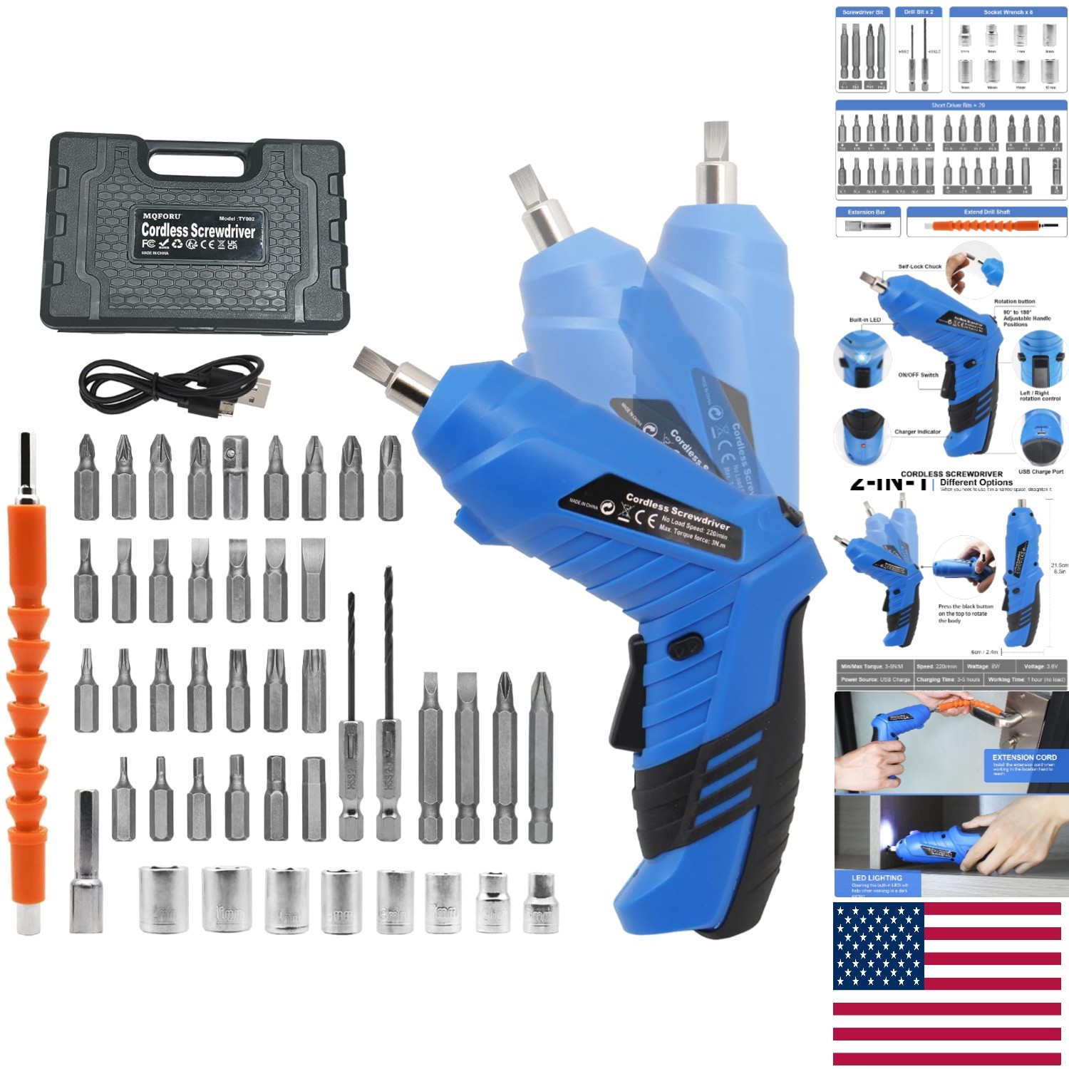 Ergonomic Cordless Electric Drill Set with 47 Accessories and Built-in LED Light