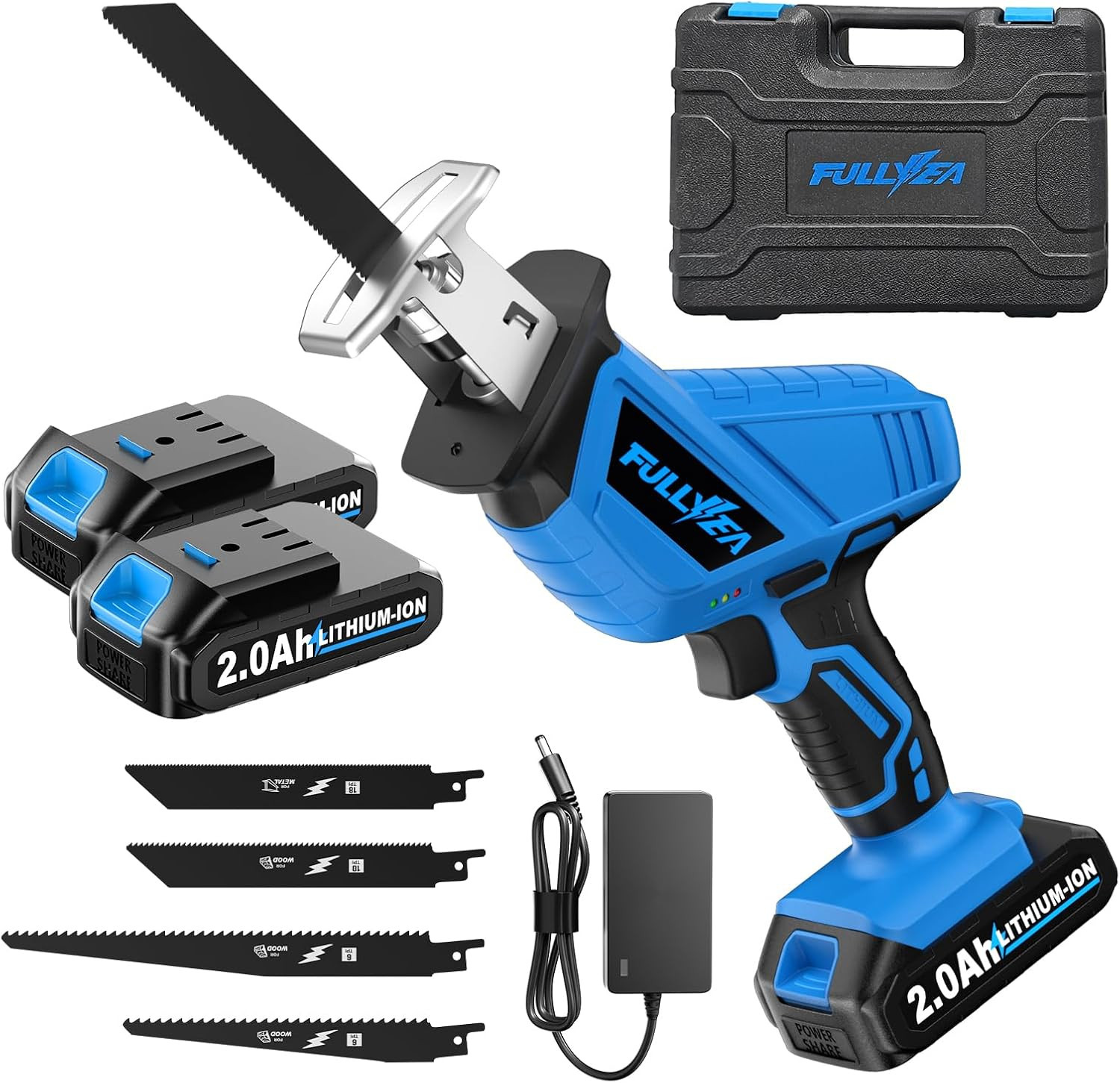 Cordless Reciprocating Saw, 3500 SPM, 2 Batteries, 4 Blades, LED Light