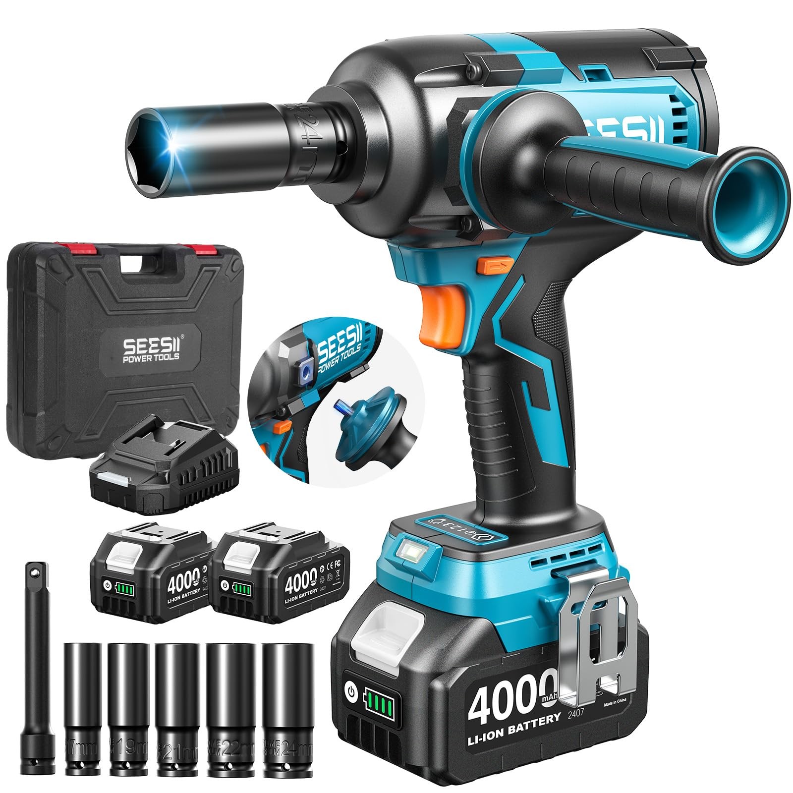 Seesii 885FT-LB Impact Wrench 1/2&Prime; 21V 2 Batteries