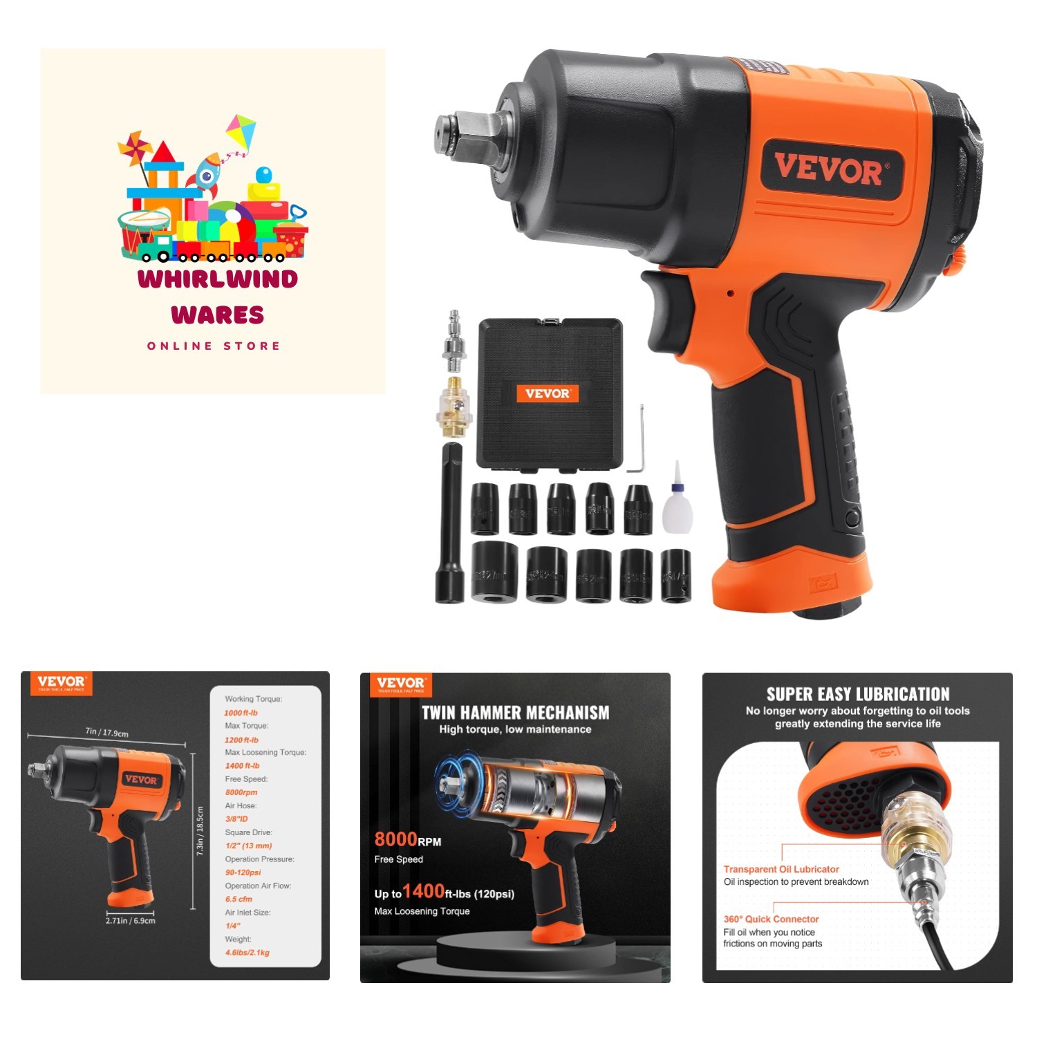 1/2-Inch Air Impact Wrench – High Torque 1400 ft-lbs – Lightweight 4.6 lb – I…
