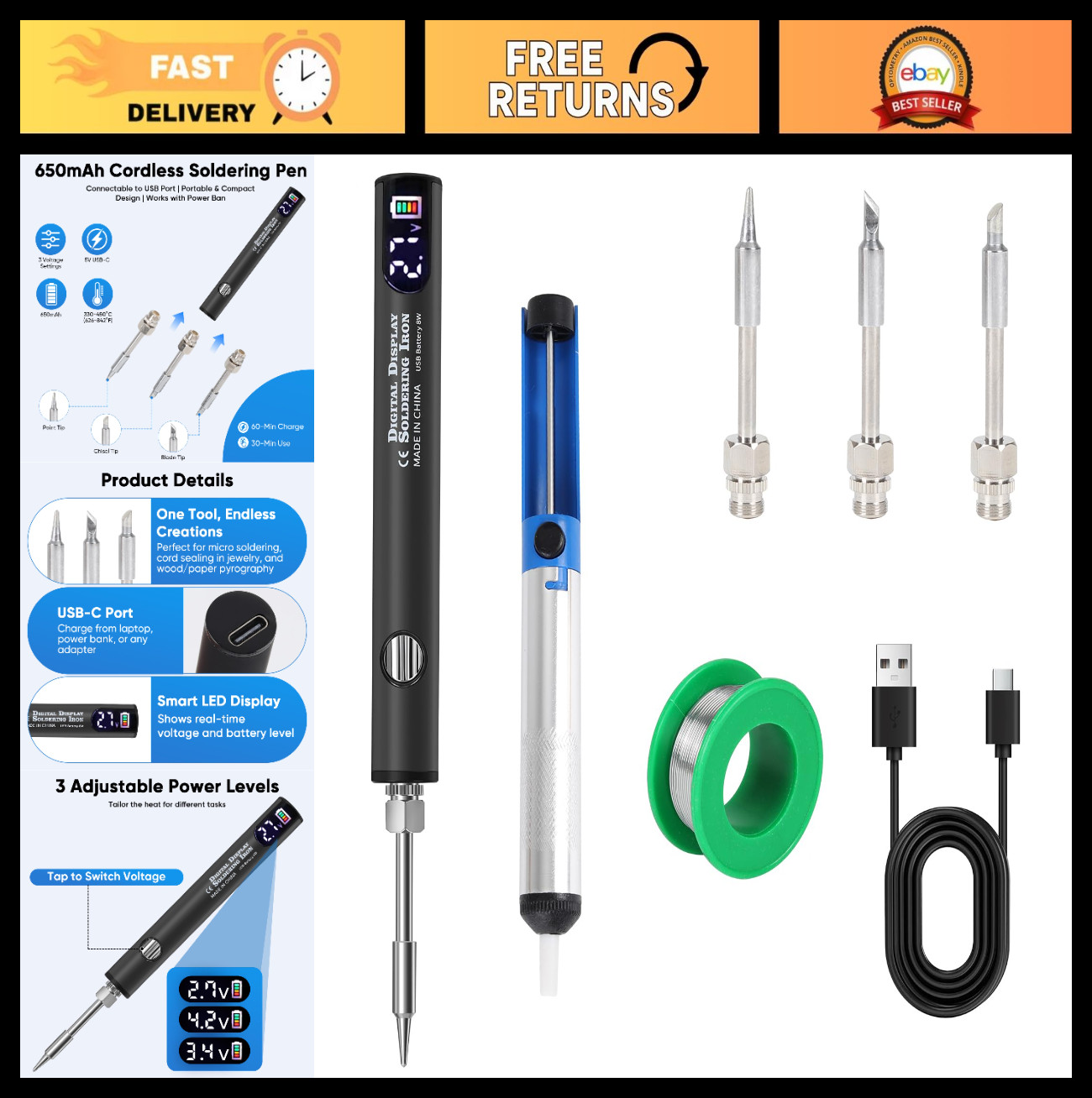 Rechargeable Cordless Soldering Iron Kit, USB-C 650mAh, LED Screen, Portable Too