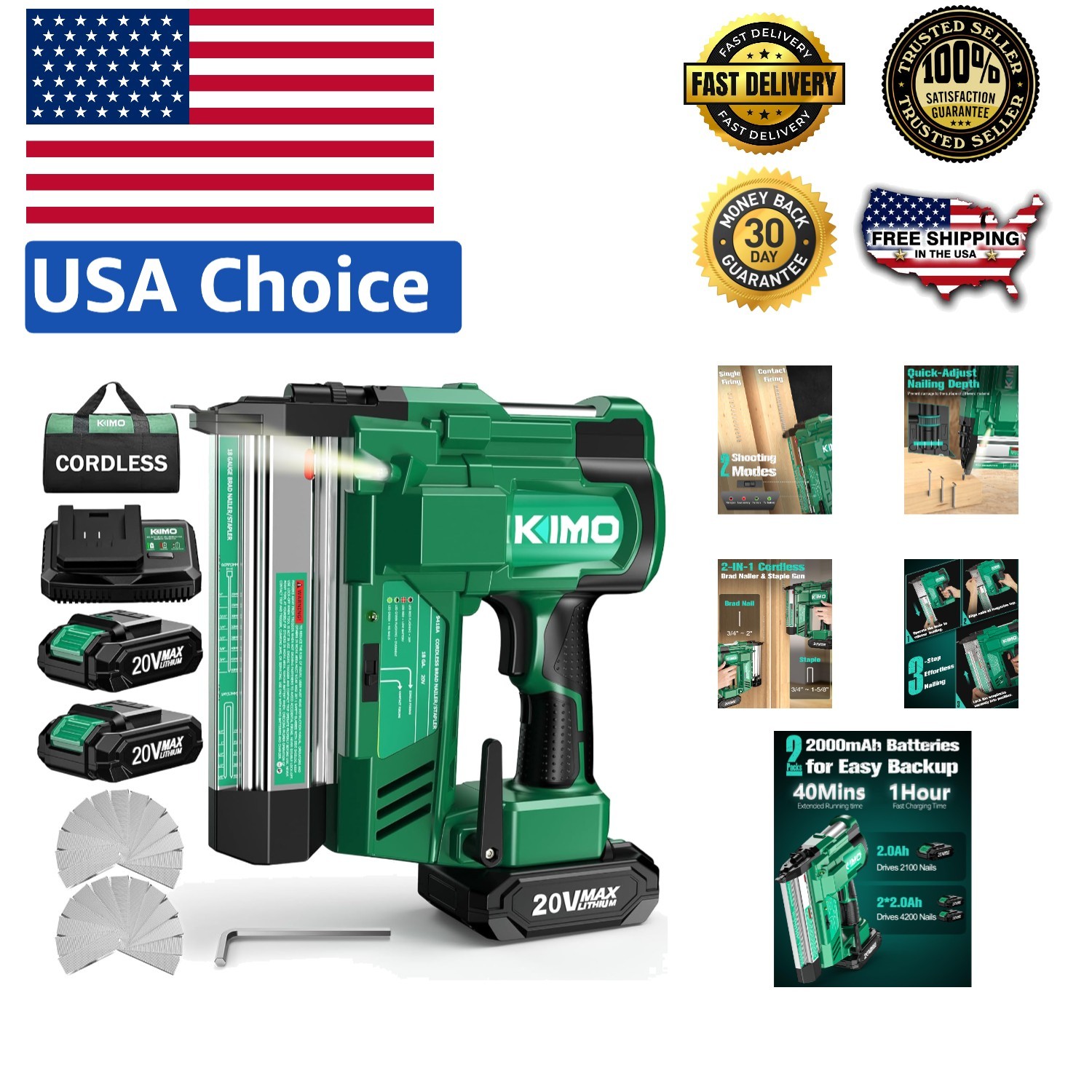Precision KIMO 2-in-1 Cordless Brad Nailer and Stapler with Adjustable Depth