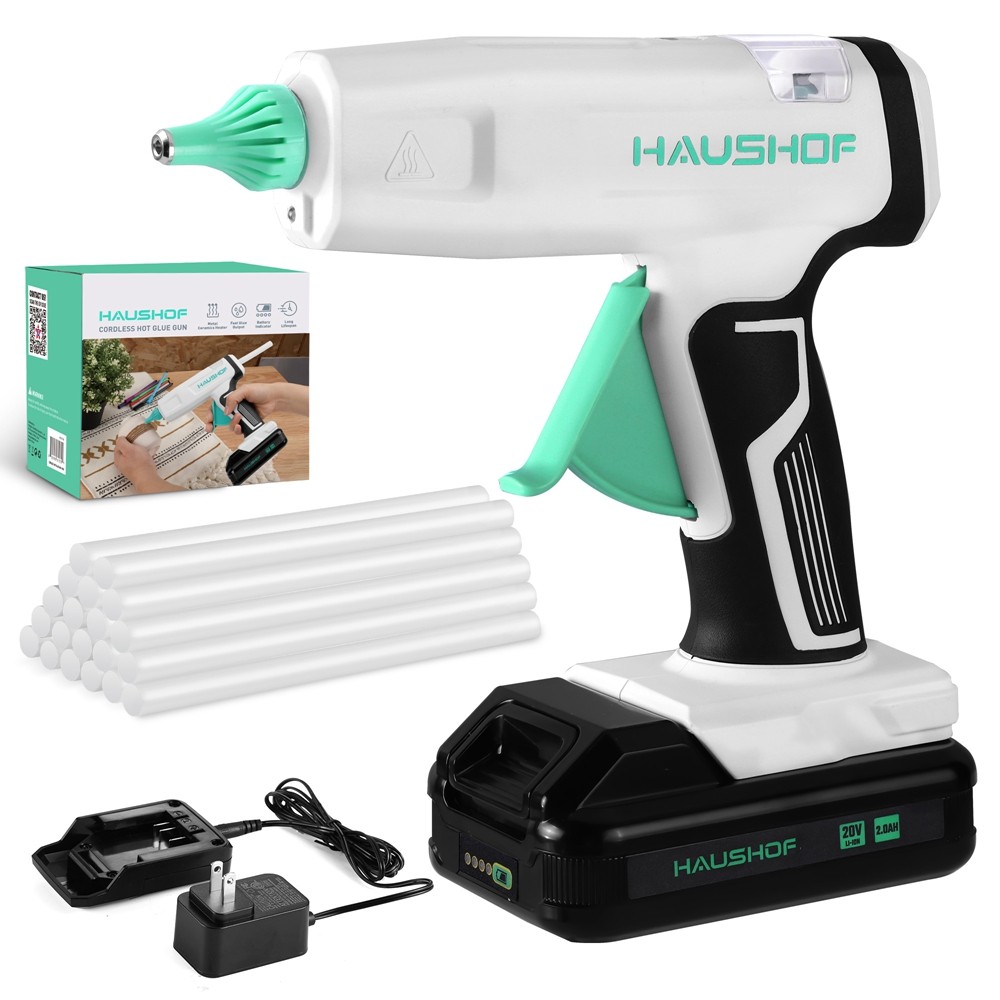 HAUSHOF 20V Cordless Hot Glue Gun Drip-Free Fast Preheating 20PC Full Size Stick