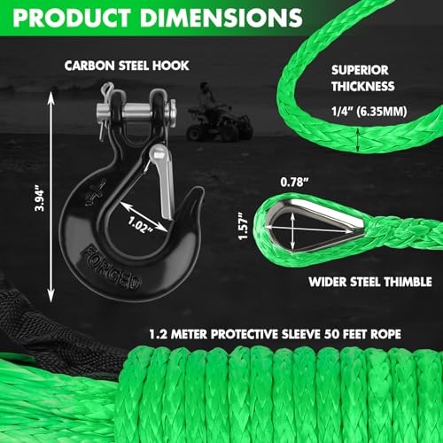Synthetic Winch Rope, 1/4 » x 50ft 10,000LBS Synthetic 1/4 Inch x 50 Feet Green