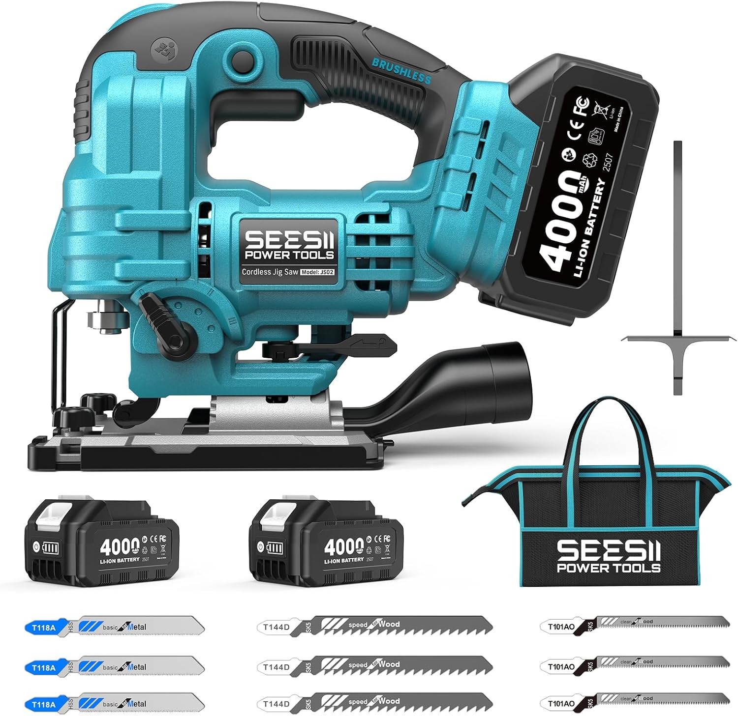 Jig Saw Cordless Brushless 0-45 Bevel 2x 4.0Ah Batteries