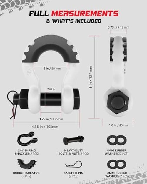 Shackles 3/4 Inch D Ring Shackle (2 Pack) 41,887lb Break Strength with White