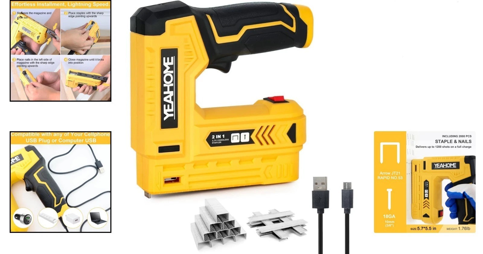 Cordless Electric Stapler and Brad Nailer – 3.7V with USB Charger & 1000 Staples