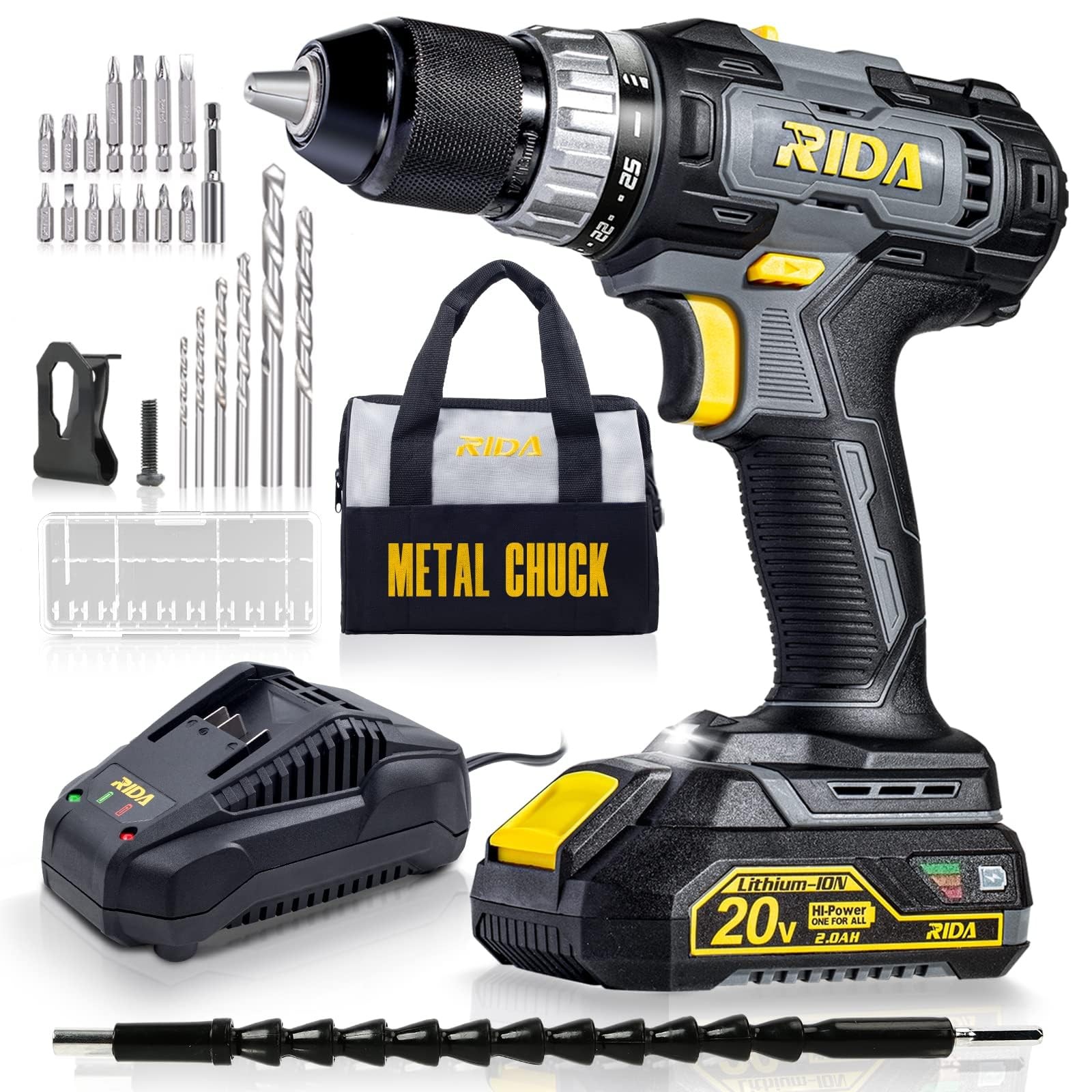 Cordless Drill Power Drill Cordless 20V 1/2 » Keyless Metal Chuck 355 In-lb(40N.
