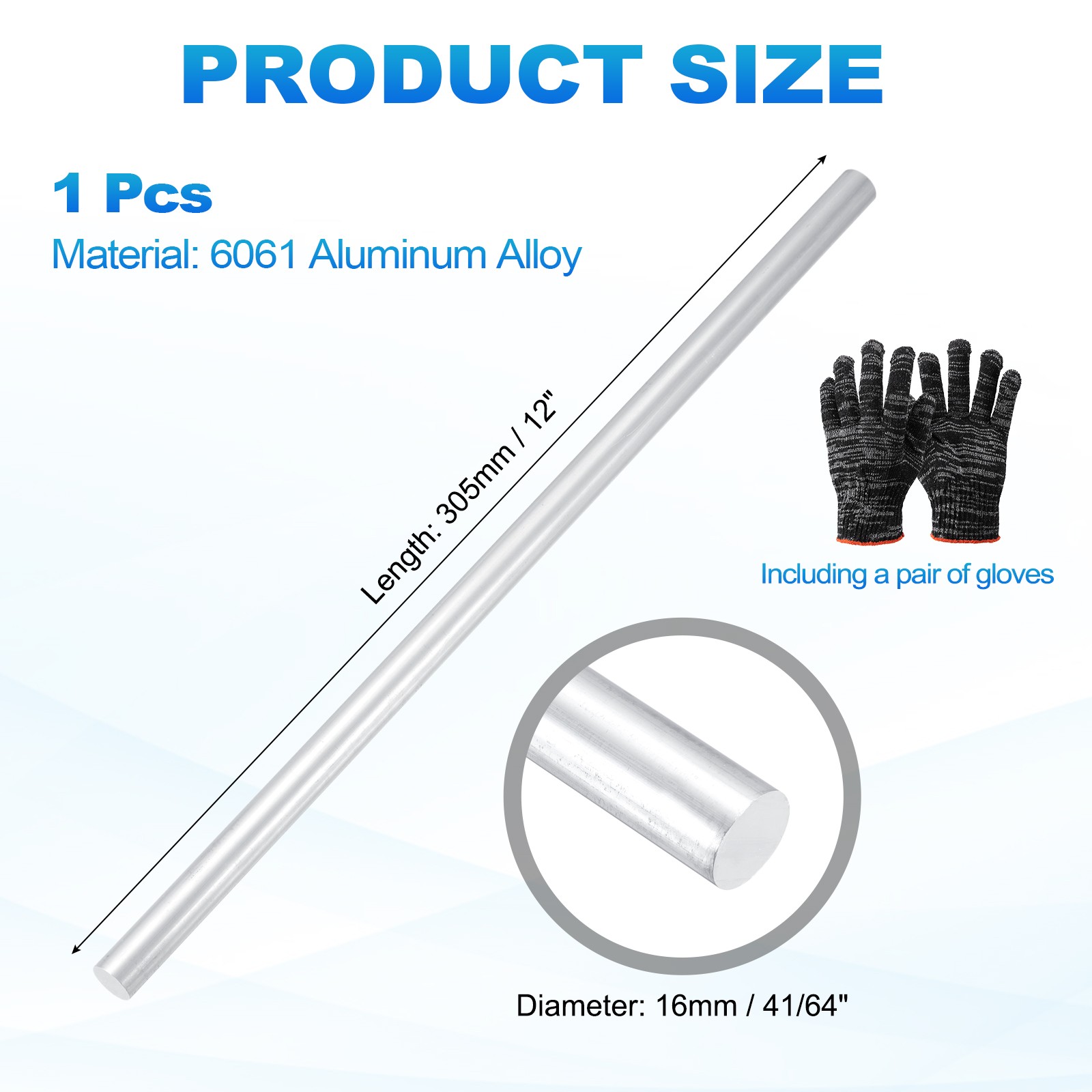 6061 Aluminum Rod 41/64&Prime;(16mm) Dia 12&Prime;(305mm) Long, Silver Tone
