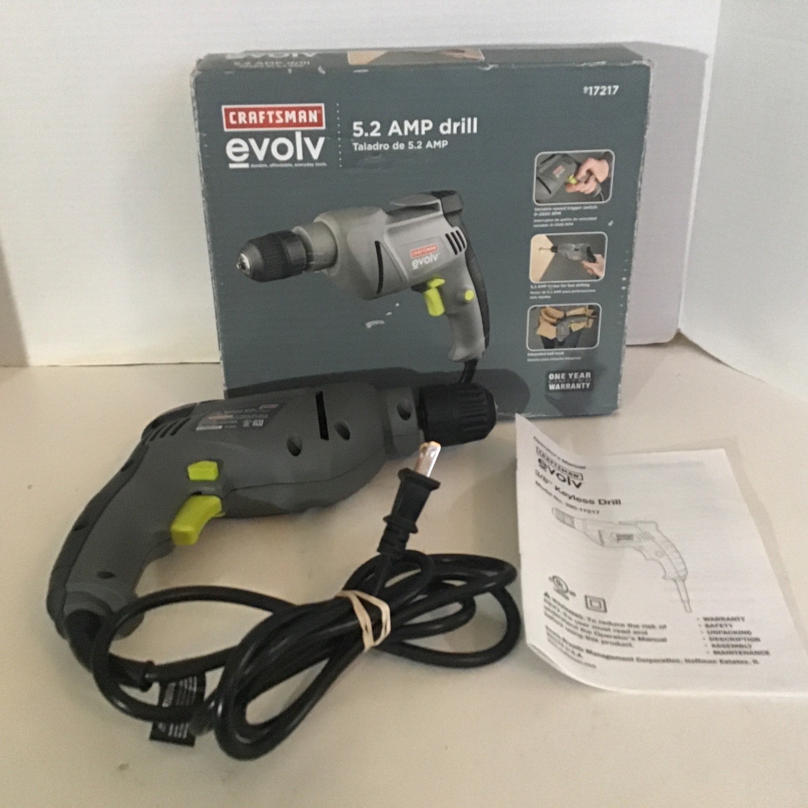 Craftsman’s Evolv 17217 5.2 Amps, 3/8 Keyless Drill, Tested Working