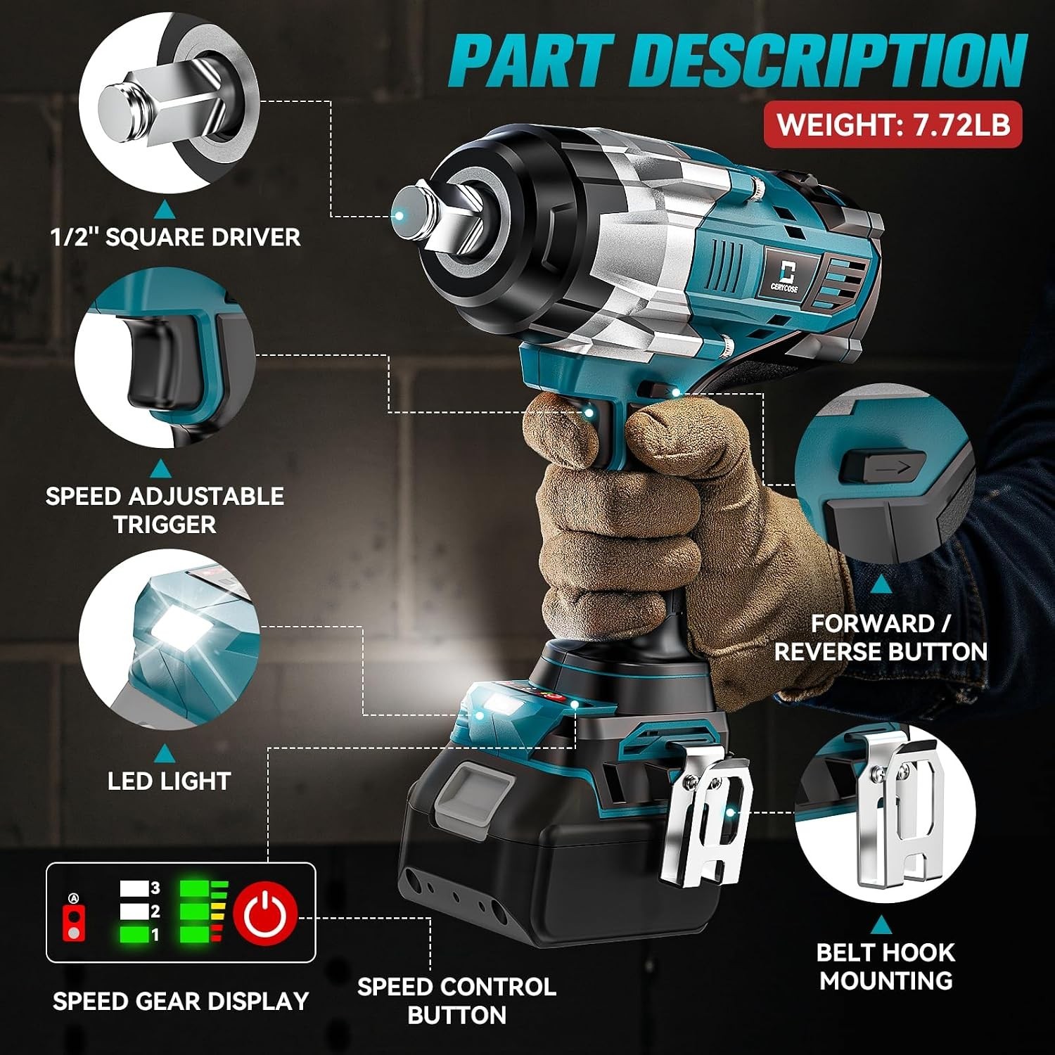 Cordless Impact Wrench 1/2 Inch Compatible with Makita Battery: 1700FT-LBS High