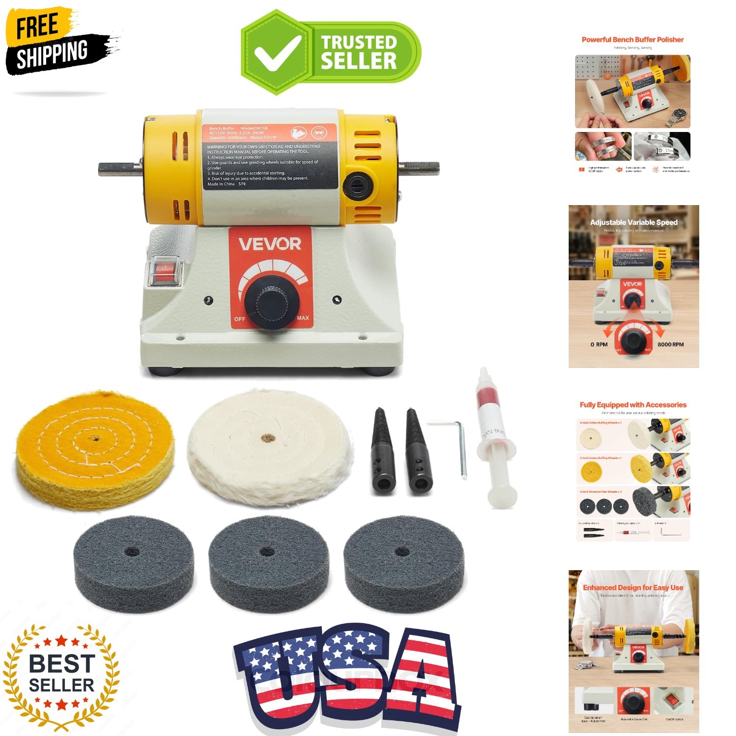 Bench Buffer Polisher, 1/2HP Polishing and Buffing Machine, 0 to 8000RPM Benc…