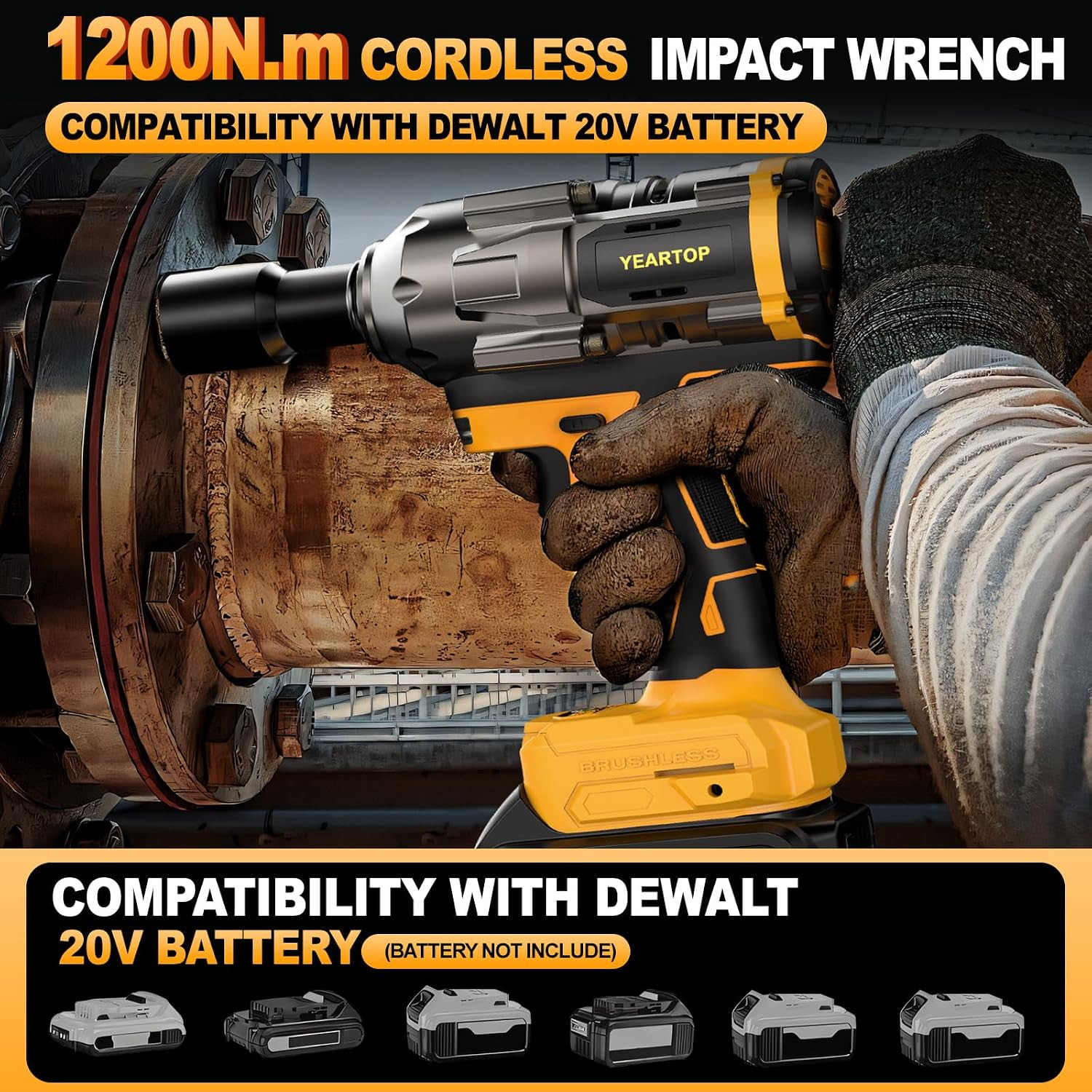 Cordless Impact Wrench 1/2 Inch Compatible with Dewalt 20V Battery, 900FT-LBS Hi