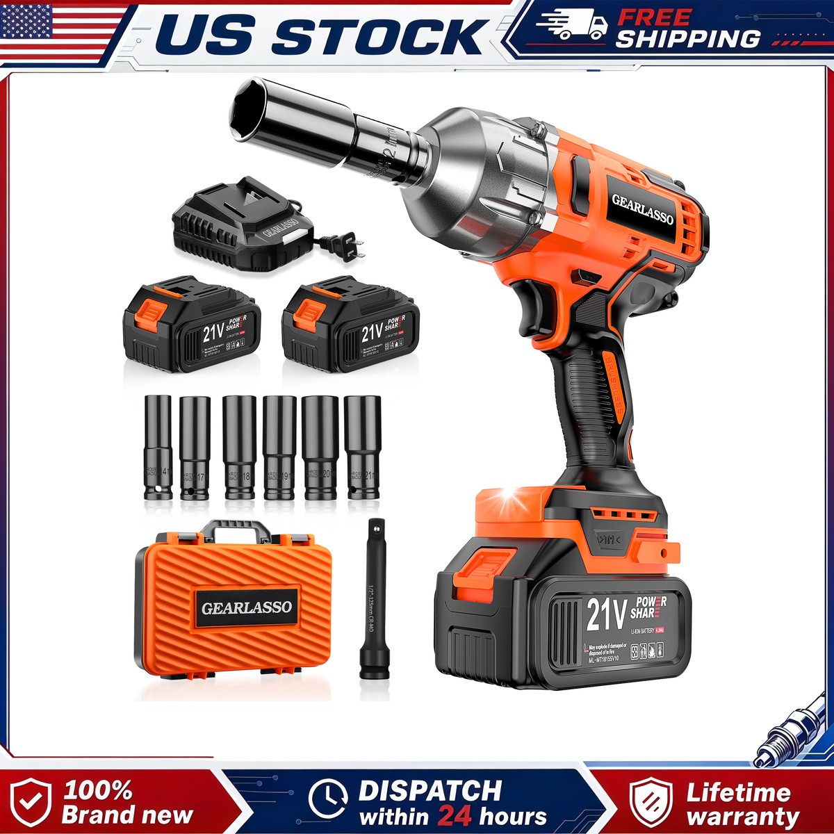 800Nm Cordless Impact Wrench 1/2 Inch Gearlasso Kit With 2 Batteries