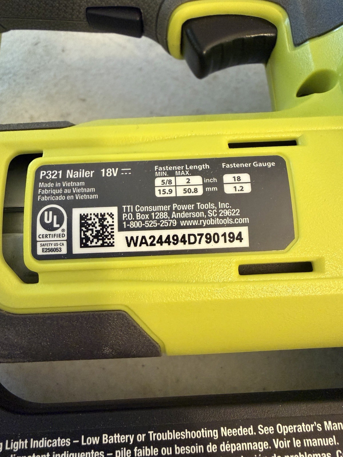 PARTS OR REPAIR – RYOBI ONE+ 18V 18-Gauge AirStrike Brad Nailer P321