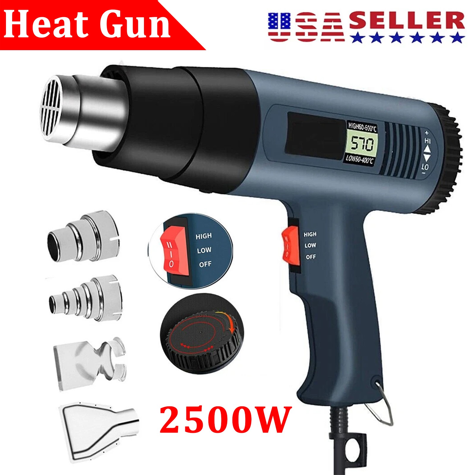 2500W Heat Gun Electric Hot Air Gun w/ Dual-Temperature LCD Show 4 Nozzles Tool