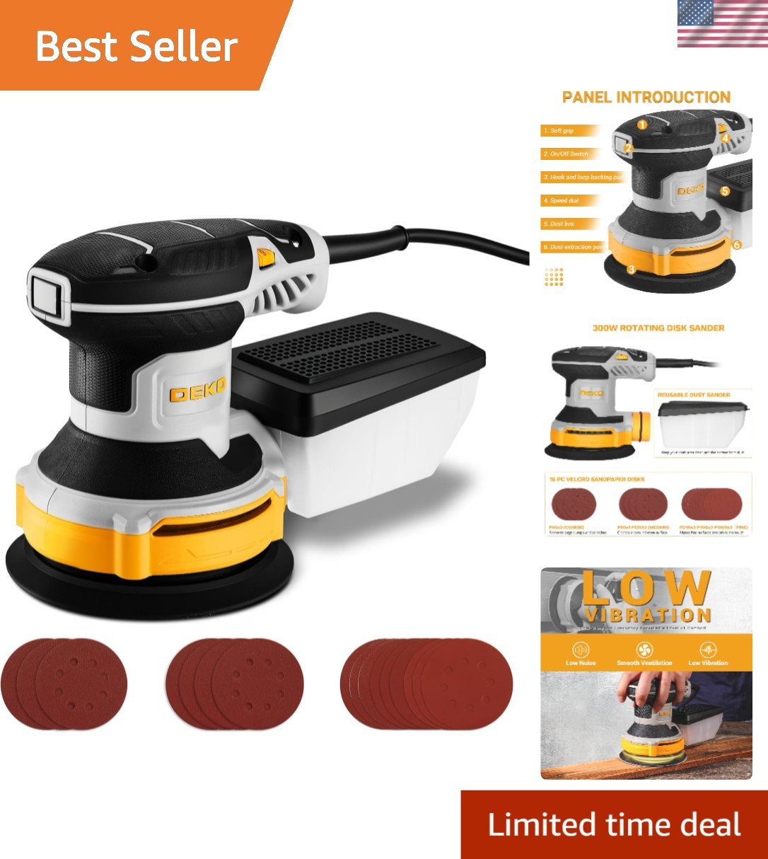 5-Inch Corded Orbital Sander – 6 Speed Yellow Electric Palm Sander with Dust Box