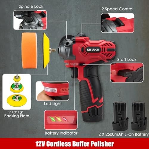 Cordless Buffer Polisher, 12V Mini Wax Buffer & Sander with 2 X 2.5Ah Battery