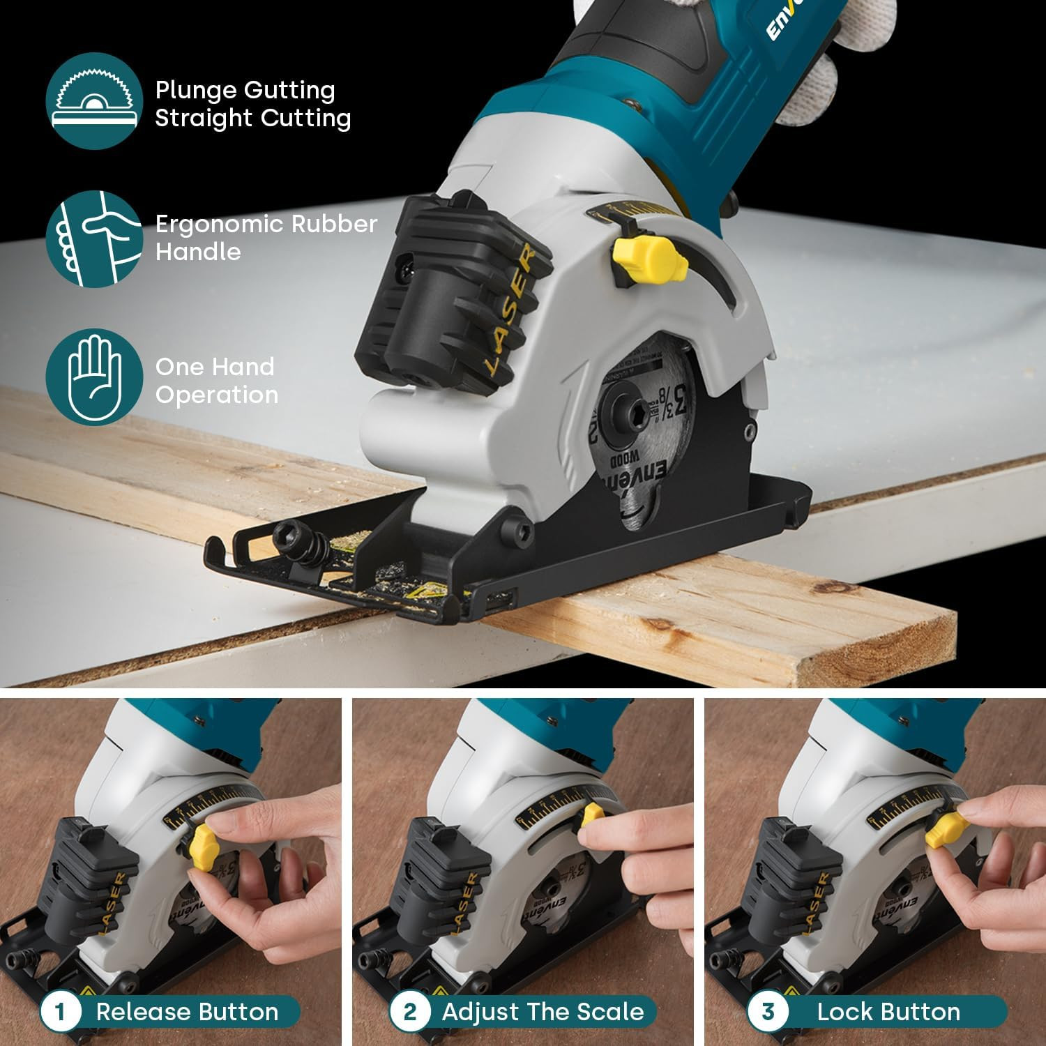 Compact Mini Circular Saw with Laser Guide, 4.8A, 3 Blades, 4000RPM