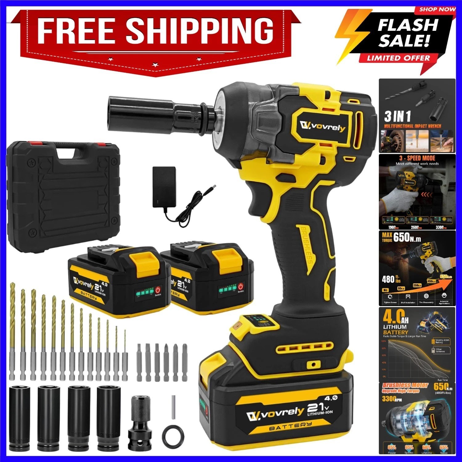 Cordless Impact Wrench 480 Ft-lbs650N.m High Torque 1/2 Inch, 3300RPM Brushle…