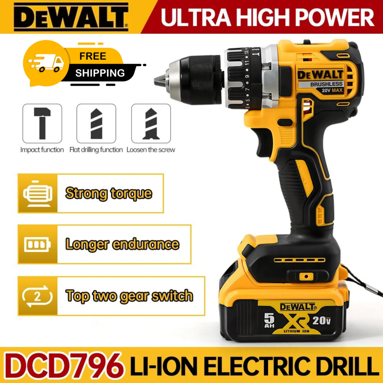 DEWALT DCD796 20V Brushless Hammer Drill Driver Cordless LED Power Tool