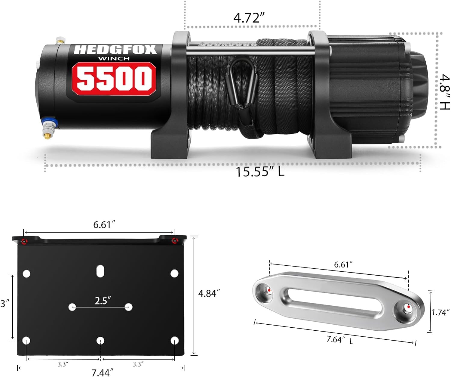 5500 lb UTV ATV Electric Winch 12V Waterproof with Synthetic Rope Hawse Fairlead