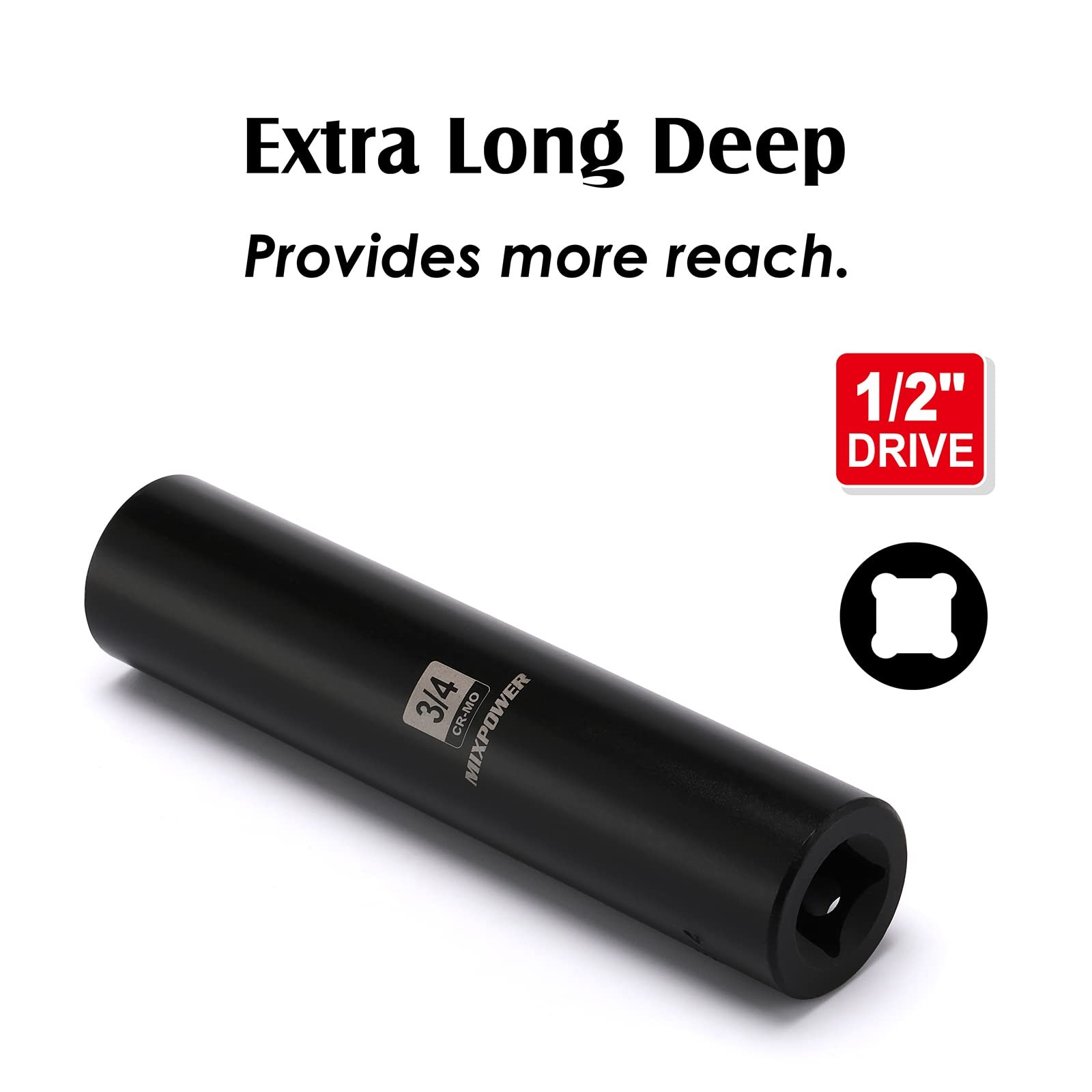 MIXPOWER 1/2&Prime; Dr. x 3/4-inch Extra Long Deep, 6 Point Impact 3/4&Prime;(1PCS)
