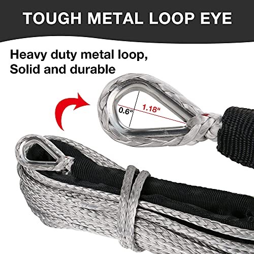 1/4&Prime; Synthetic Winch Rope 50 ft 10,000 lb UHMWPE 1/4 In x 50 Ft Standard Gray