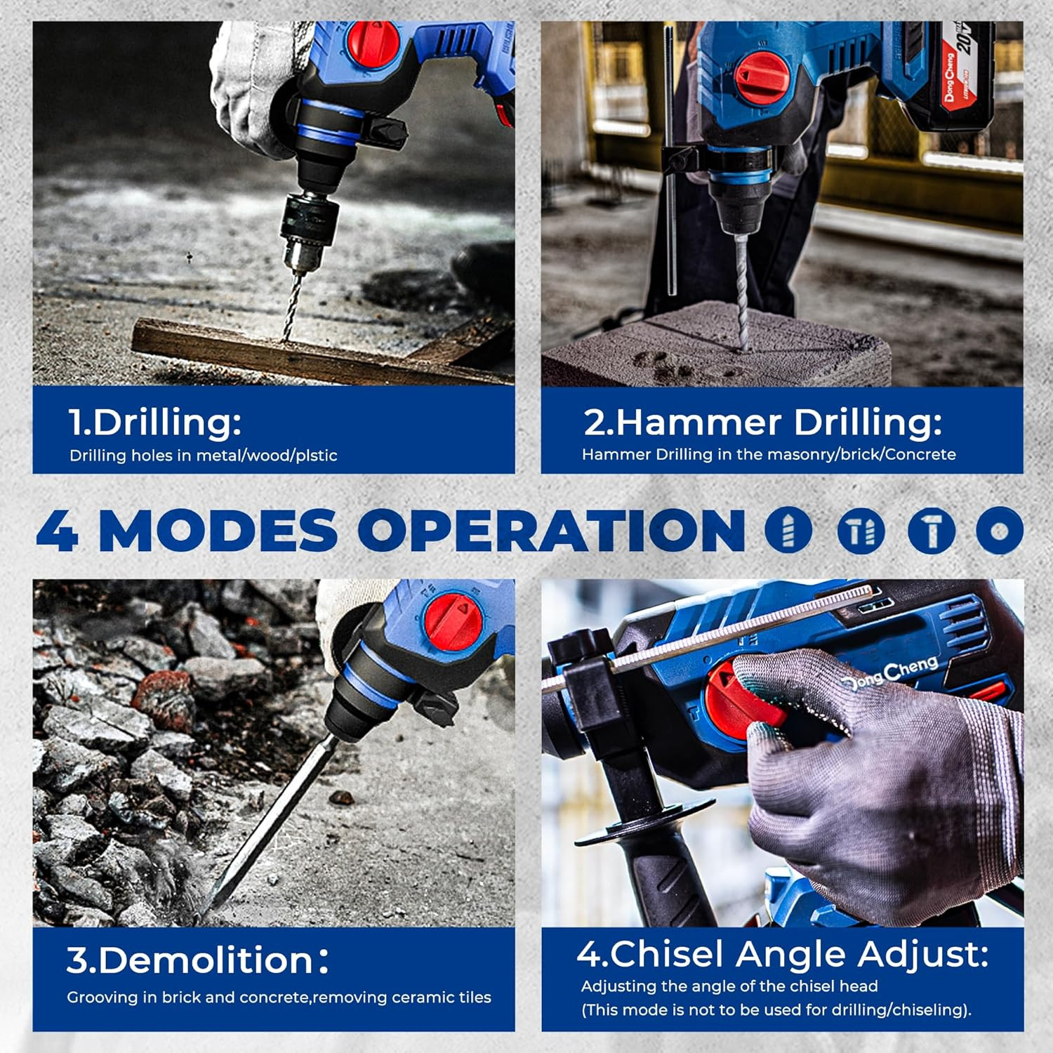 Dongcheng 20V Max Brushless Rotary Hammer Drill, 7/8&Prime; Sds-Plus, 2.1 J Impact, 4