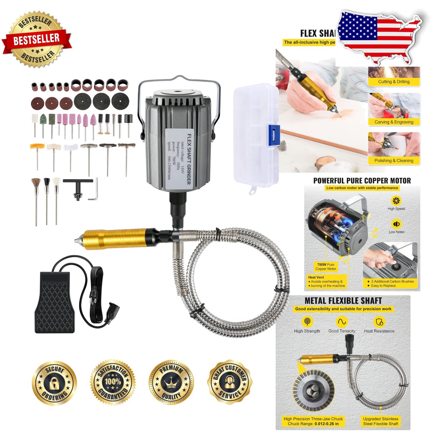 Professional 780W Flex Shaft Rotary Tool, Stepless Speed Foot Pedal, 3-Jaw Ch…