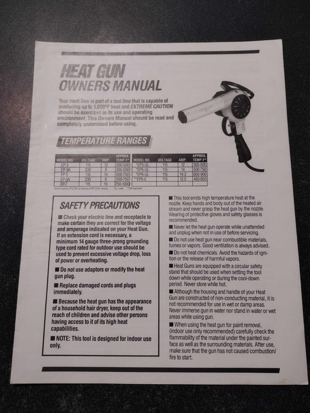 Heat Gun Owners Manual For Heat Gun Model EP-7ULM With Parts List $2.99