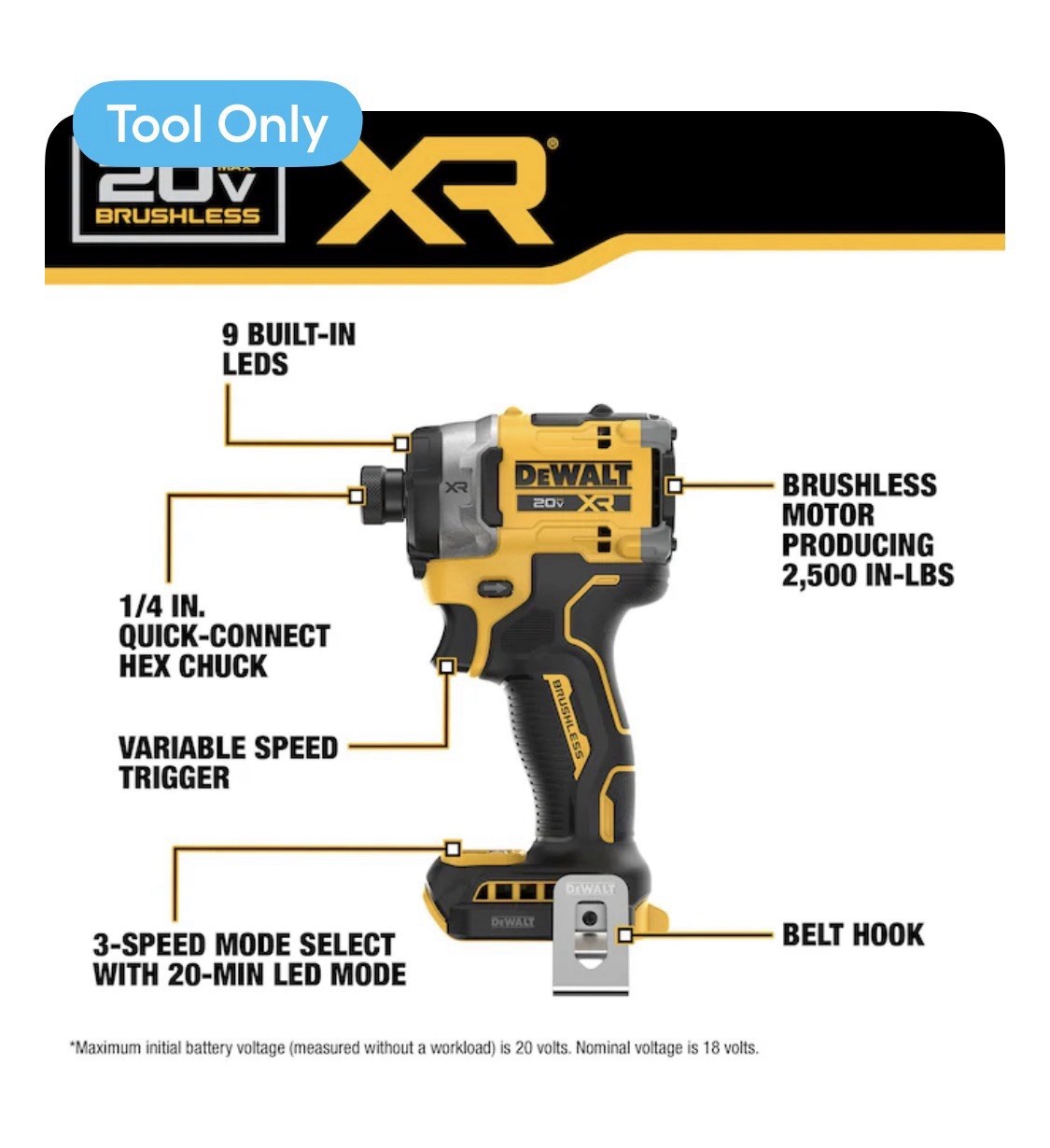 DEWALT 20V XR Brushless Impact Driver 1/4in Hex 3-Speed LED Tool Only