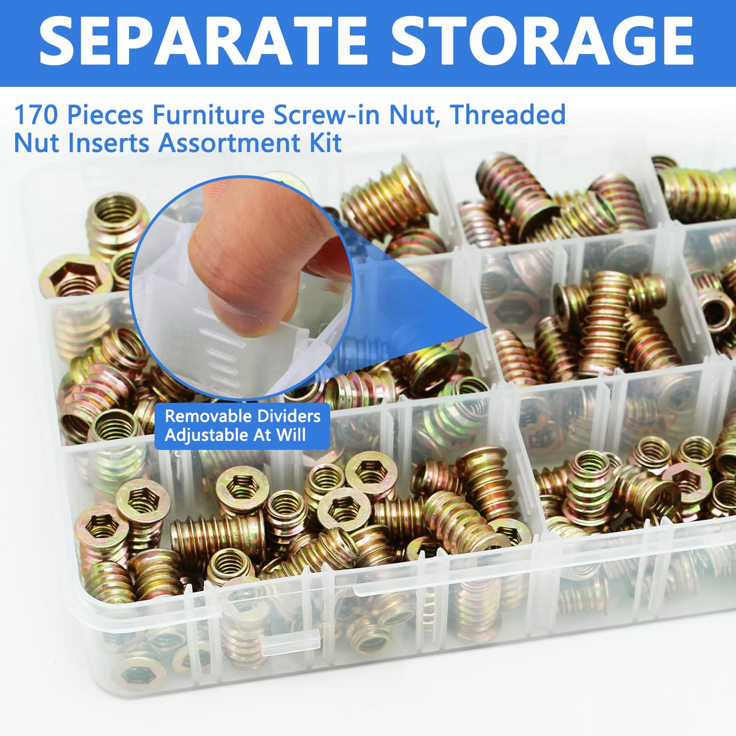170 PCS Threaded Inserts Nuts, 10 Sizes-1/4-20, 5/16&Prime;-18, 3/8&Prime;-16 Wood Inserts A