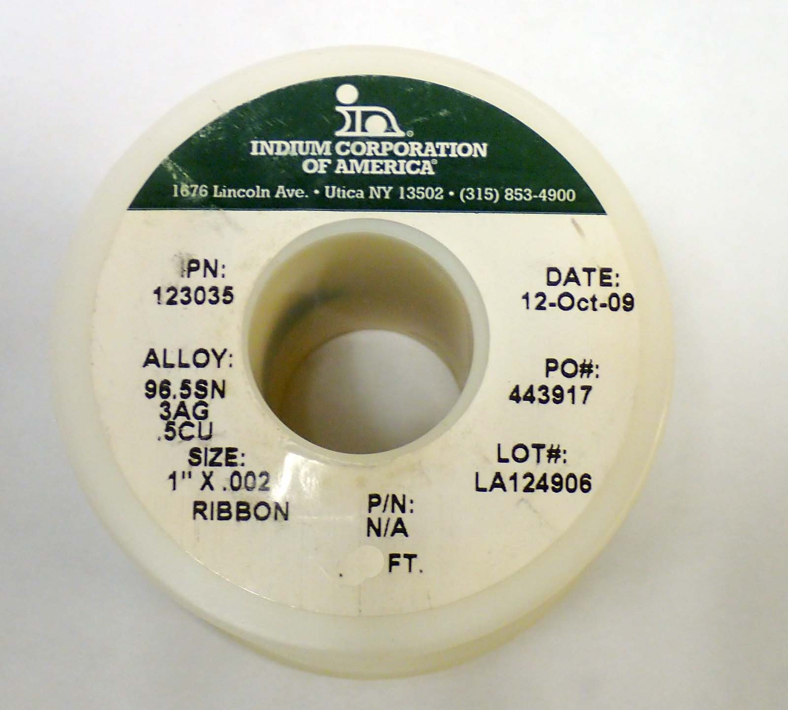 INDIUM 123035 Sn96.5, 3 AG, .5CU, 1&Prime; X.002&Prime; SOLDER RIBBON SOLD IN 3FT LENGTH NOS