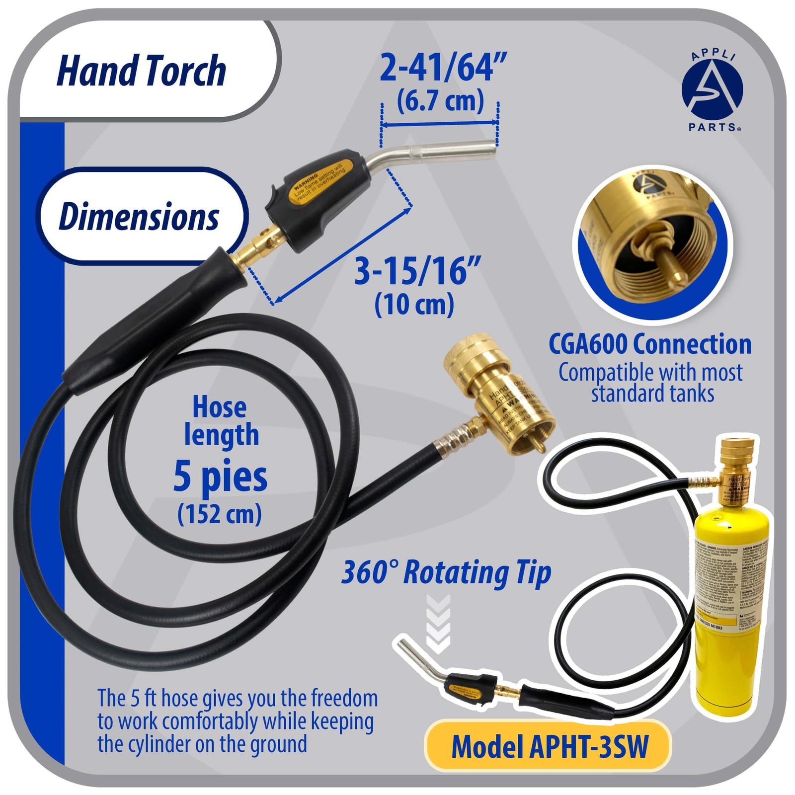Appli Parts APHT-3SW Hand Torch With Hose and Igniter Lighter for Soldering Braz