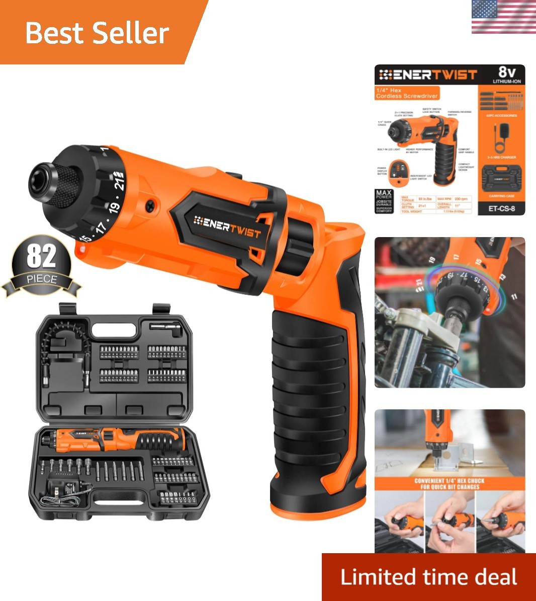 Precision 8V Cordless Screwdriver Kit with Dual Position Handle & Accessories