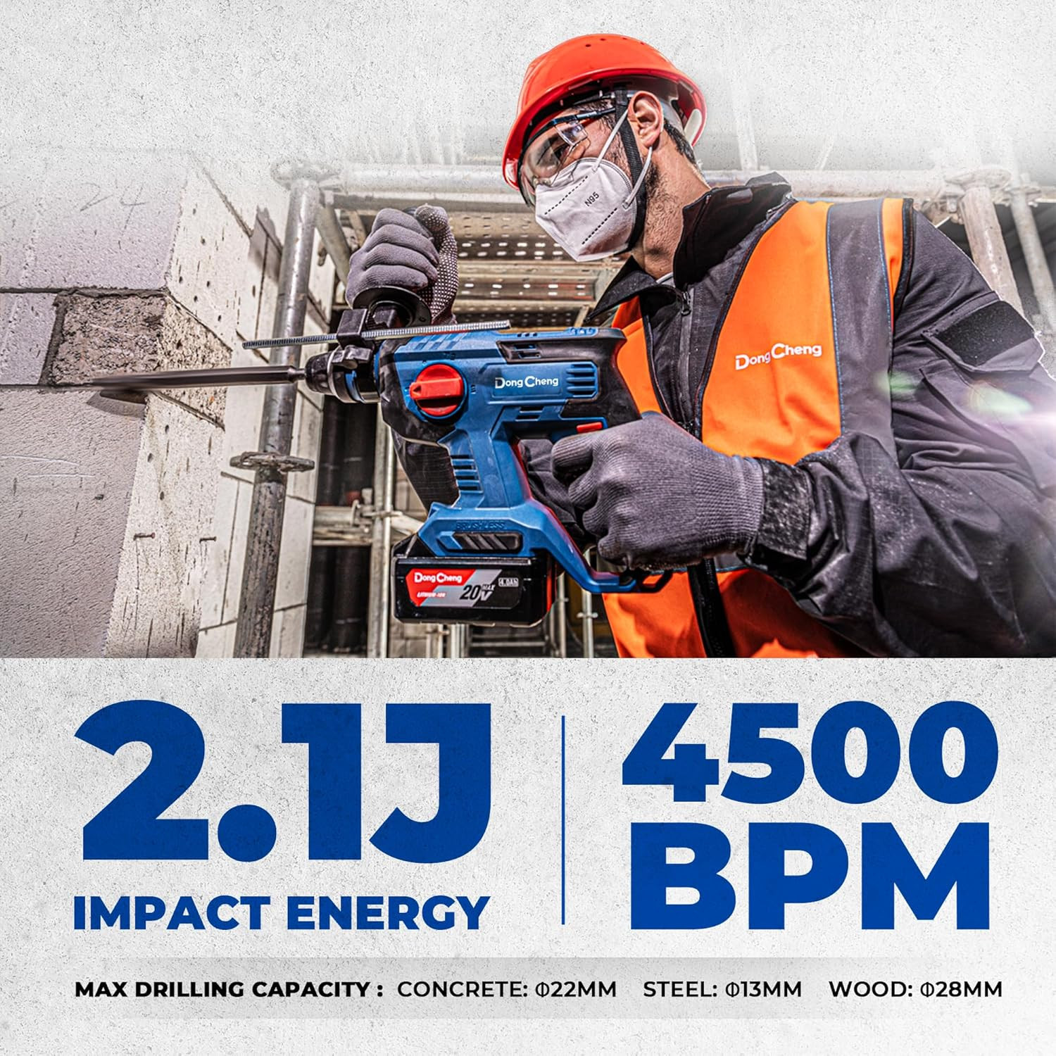 Dongcheng 20V Max Brushless Rotary Hammer Drill, 7/8&Prime; Sds-Plus, 2.1 J Impact, 4