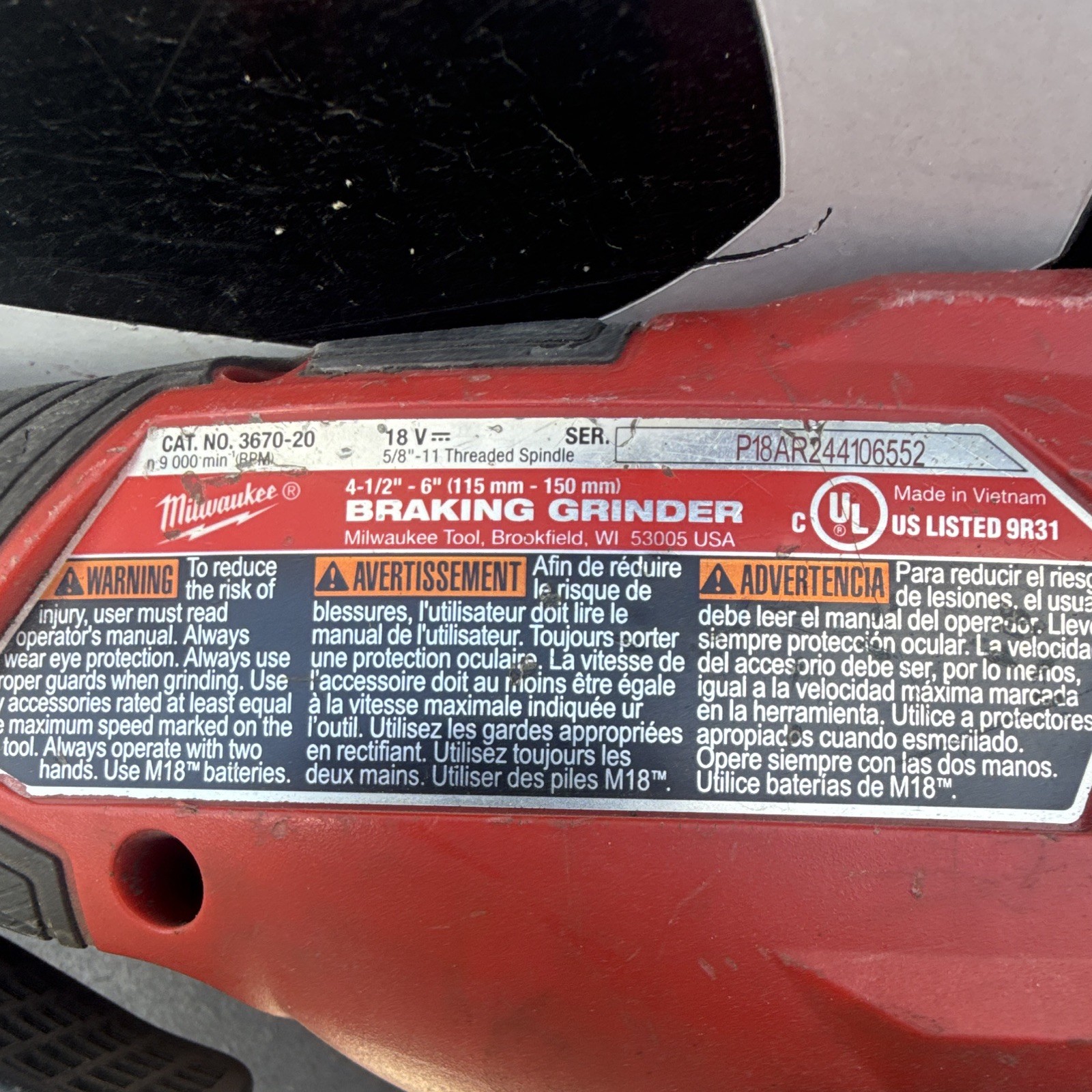 Milwaukee 3670-20 Braking Angle Grinder 18V Li-Ion 4-1/2&Prime;-6&Prime;