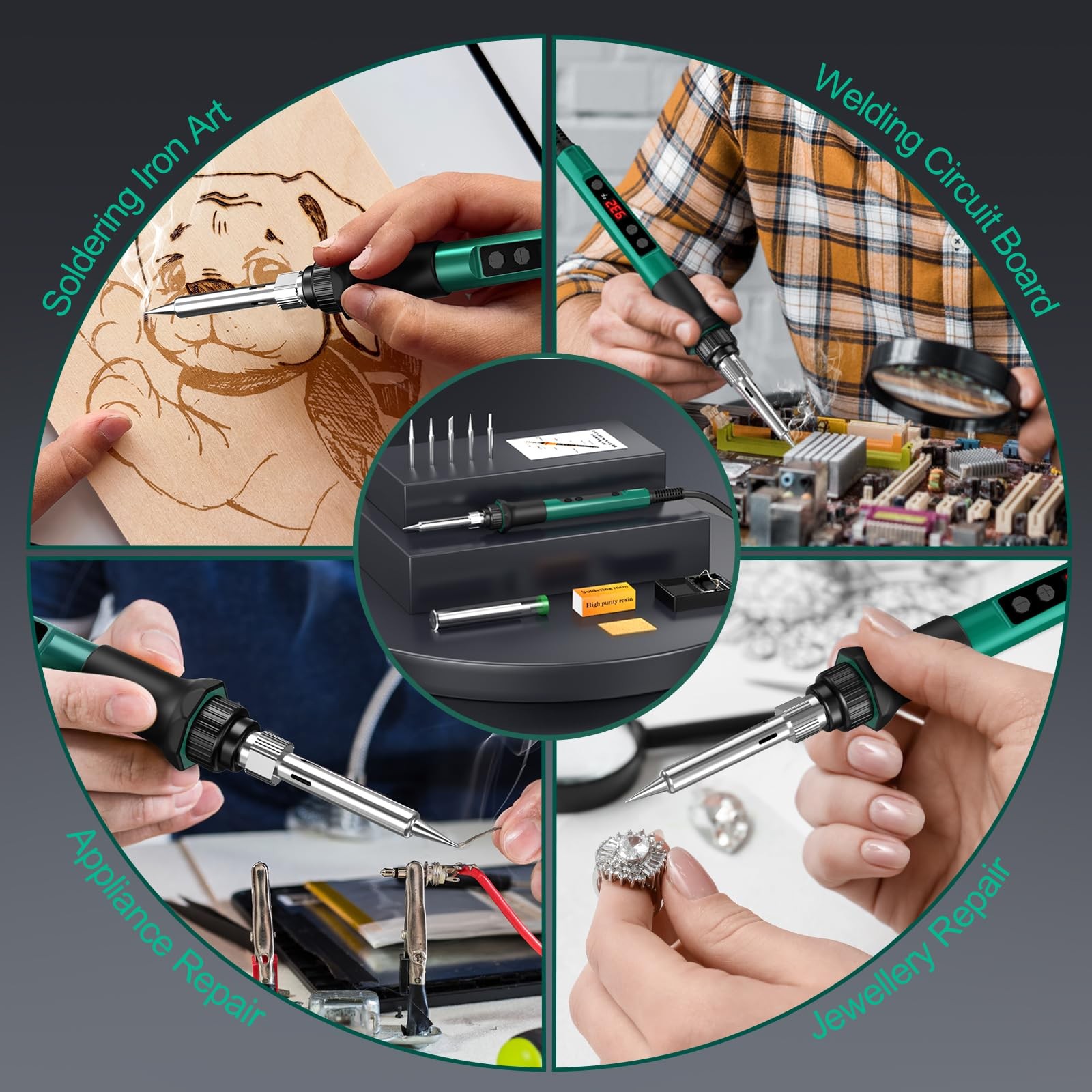 LED Digital Display Adjustable Temperature Soldering Iron Kit 70W Green Gun