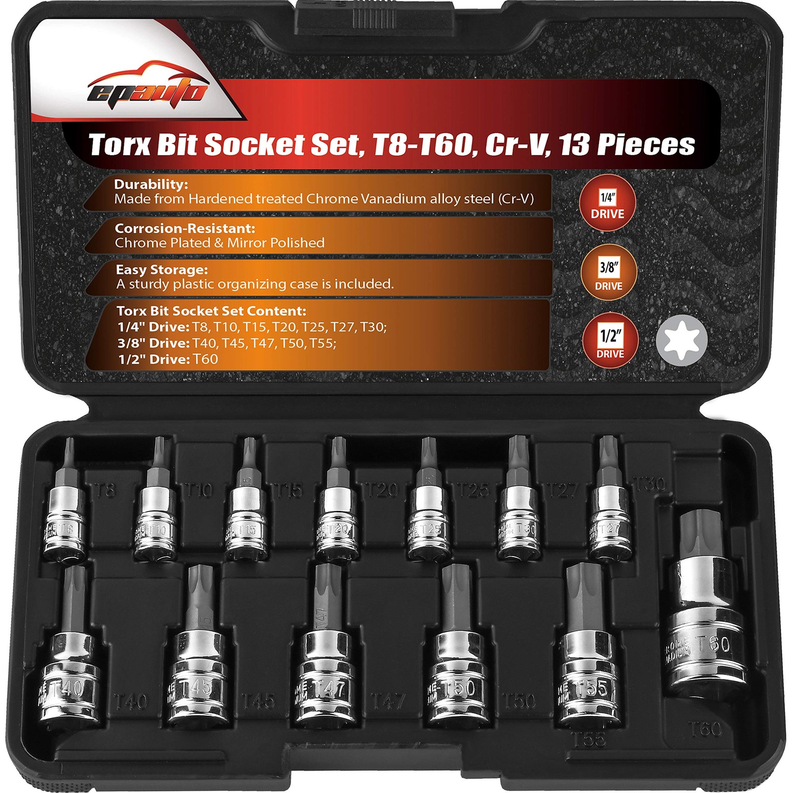 EPAuto Torx Bit Socket Set, Star Bit- 13 Pieces, Black/Stainless Steel