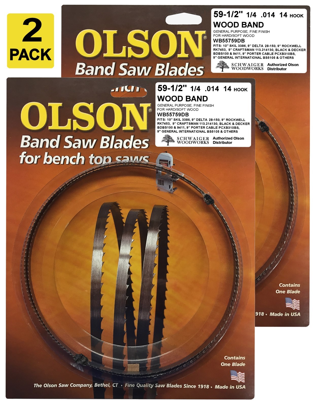 Olson Band Saw Blades 59-1/2&Prime; inch x 1/4&Prime;, 14TPI for 9&Prime; Delta, Ryobi, Skil (2)